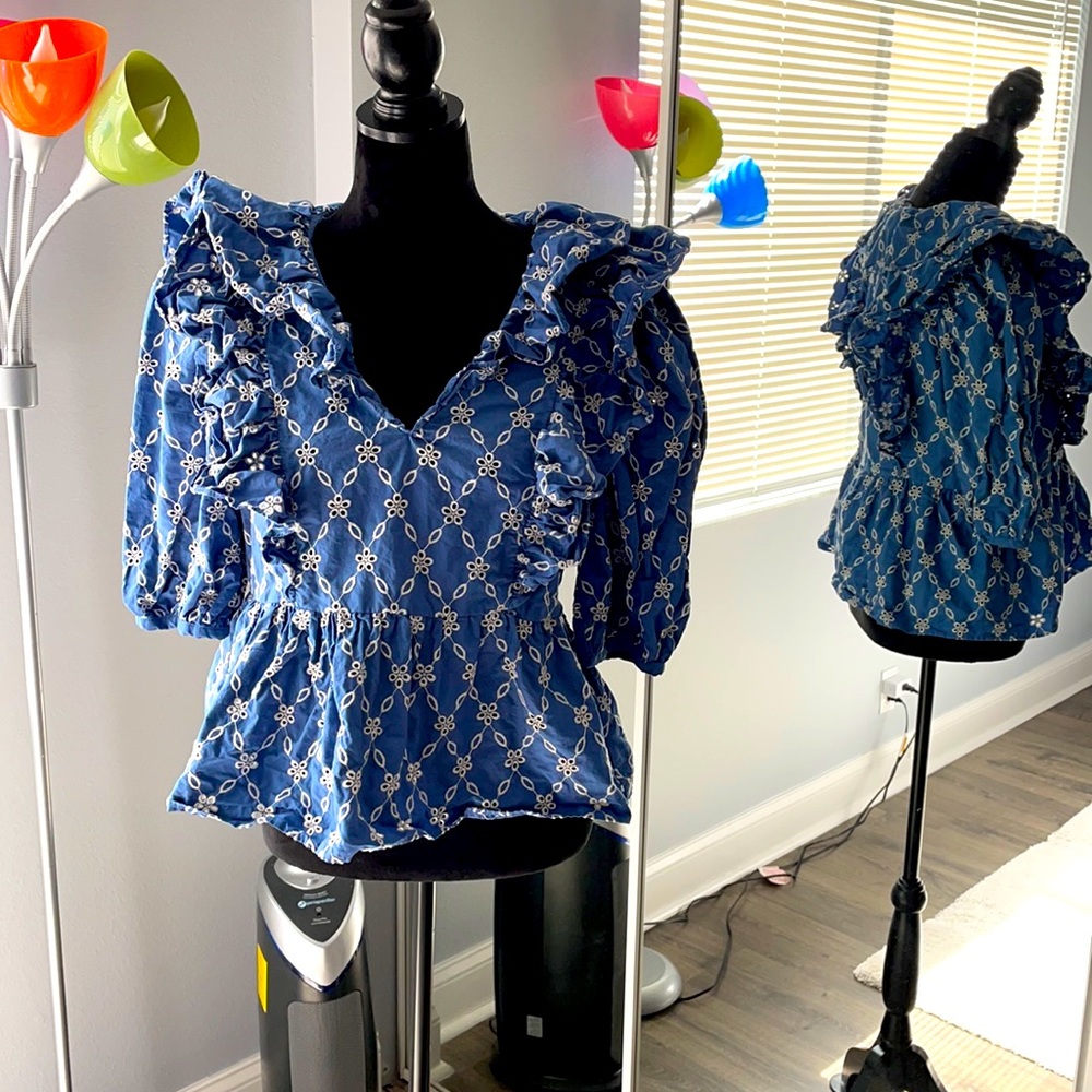 Blue Embroidered Zara Puff Sleeve Blouse